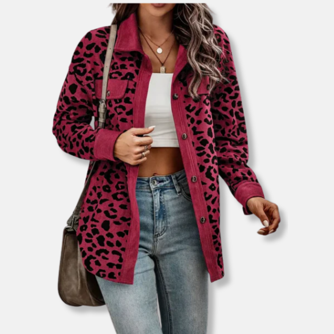 Women's relaxed fit corduroy shacket bold animal print ribbed texture button-up long sleeve