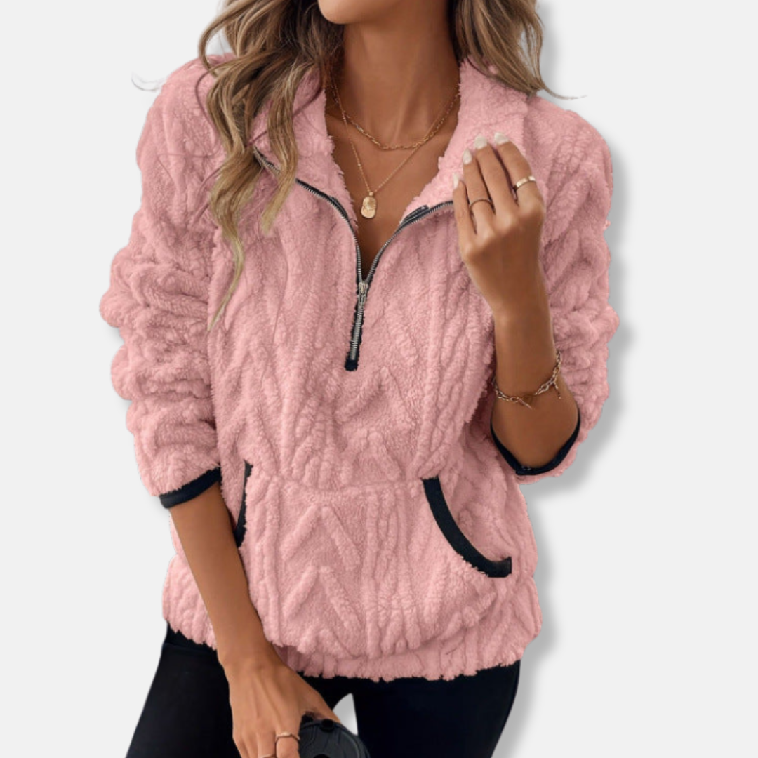 Women's fleece pullover sweatshirt relaxed fit stand collar half-zip kangaroo pocket cozy layer