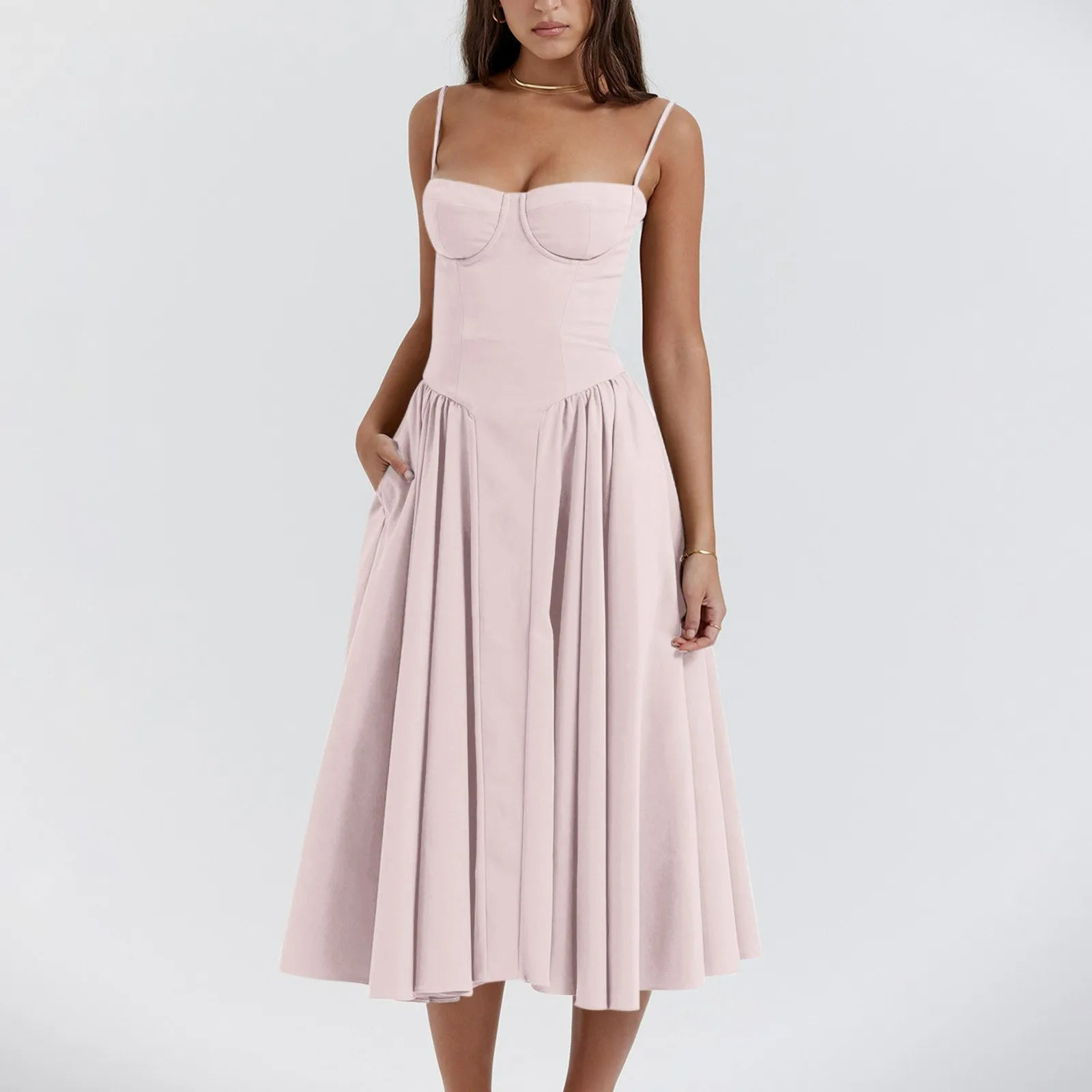 Elegant vintage corset cocktail midi dress with sculpted bustier bodice and pleated midi skirt