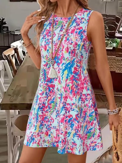 Women's relaxed-fit sleeveless floral print vest dress, dark base bold blooms, lightweight casual summer