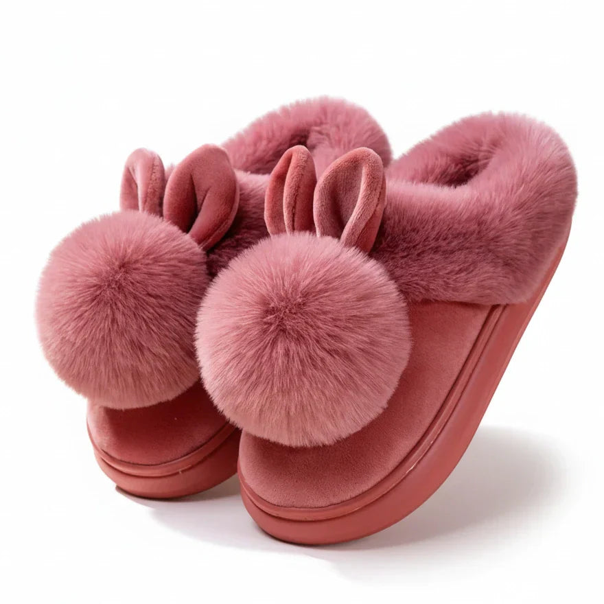 Women's cozy plush slip-on slippers in cream with playful bunny ear fur trim for home warmth