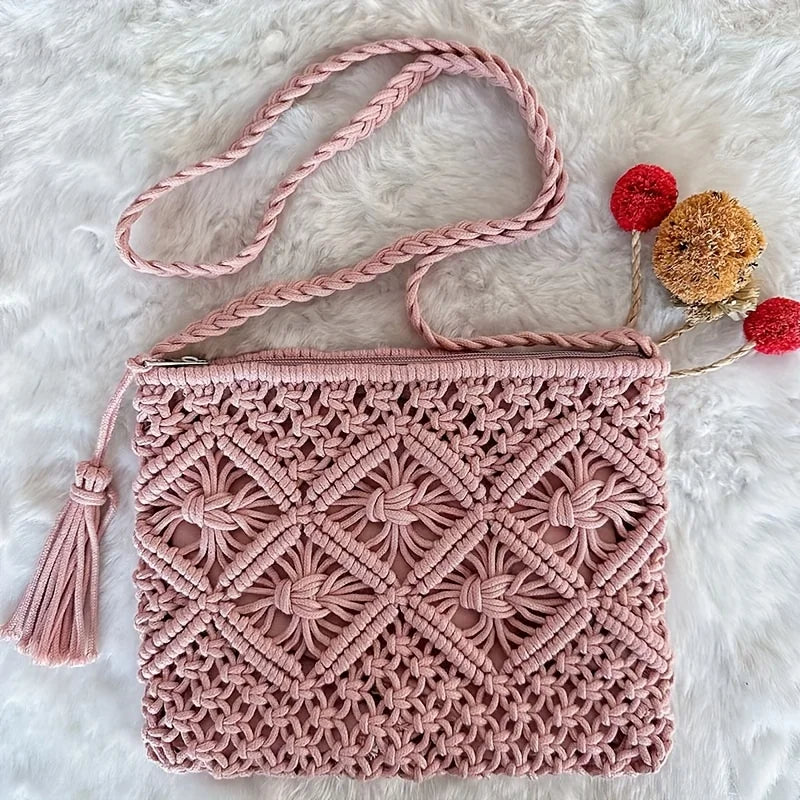 Hand-knotted rope crossbody bag with tassel strap, geometric artisan texture, lightweight structured silhouette