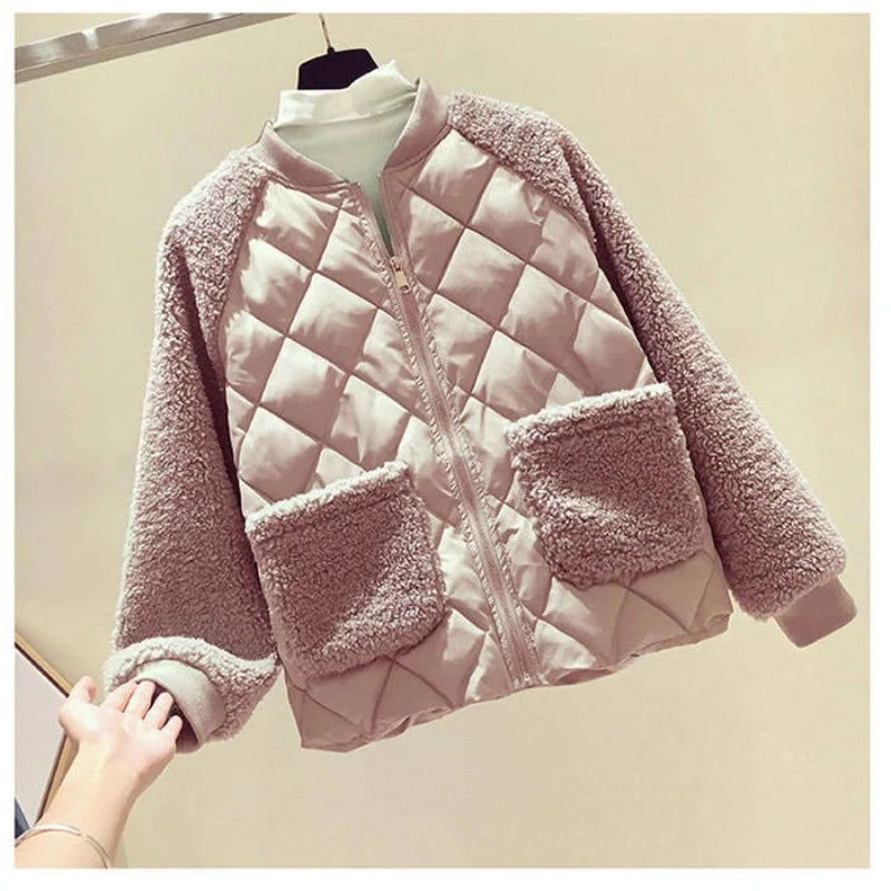 Sierra teddy bomber jacket diamond-quilted body plush sherpa sleeves cozy all-season cold weather style