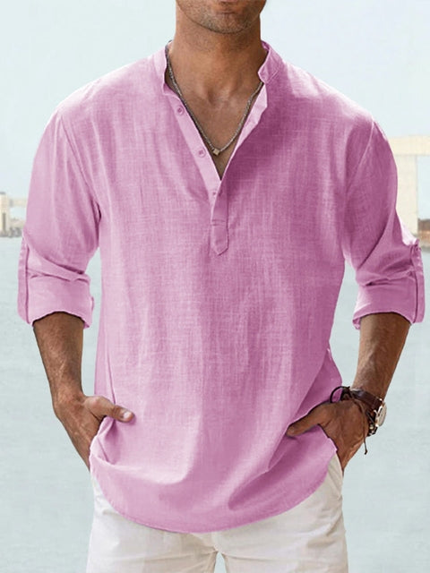 Men's beige linen shirt relaxed fit long sleeve mandarin collar lightweight breathable summer top