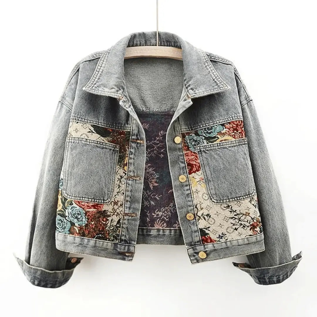 Women's cropped floral denim jacket organic cotton boho vintage hand-painted florals romantic statement