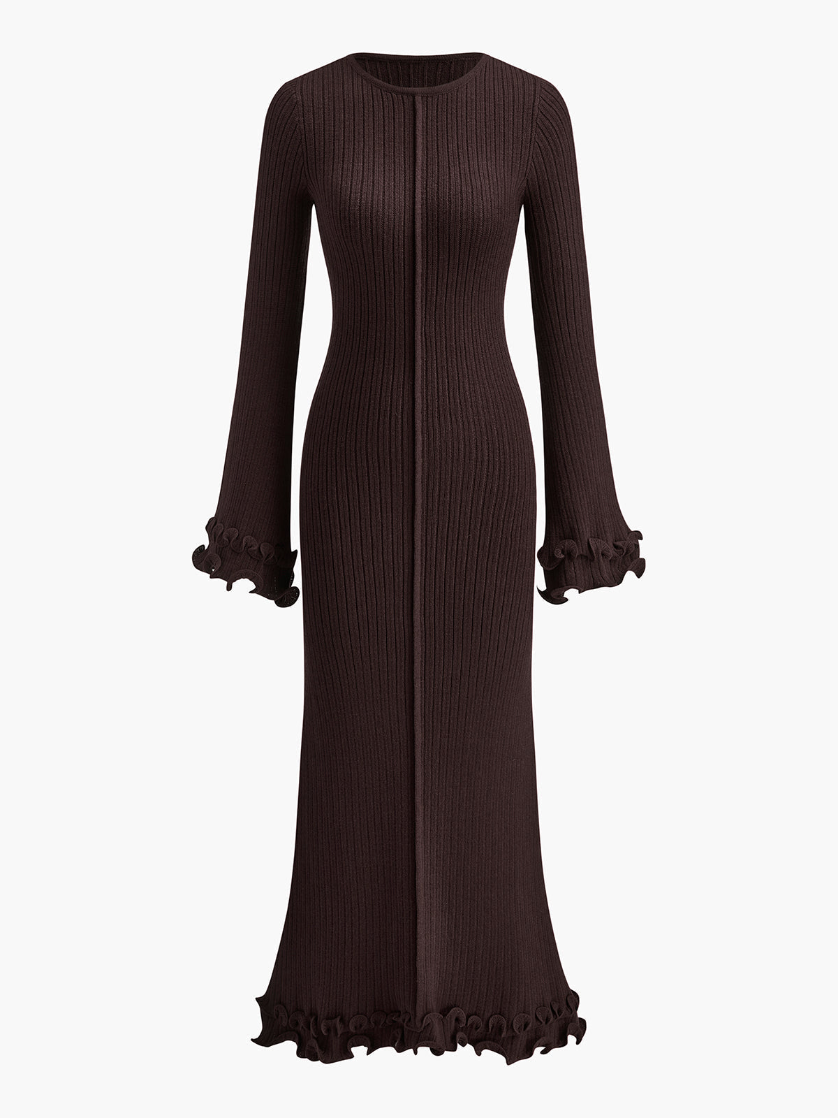Cream ivory knit maxi dress with ruffle piping detail and drawstring waist for elegant everyday wear