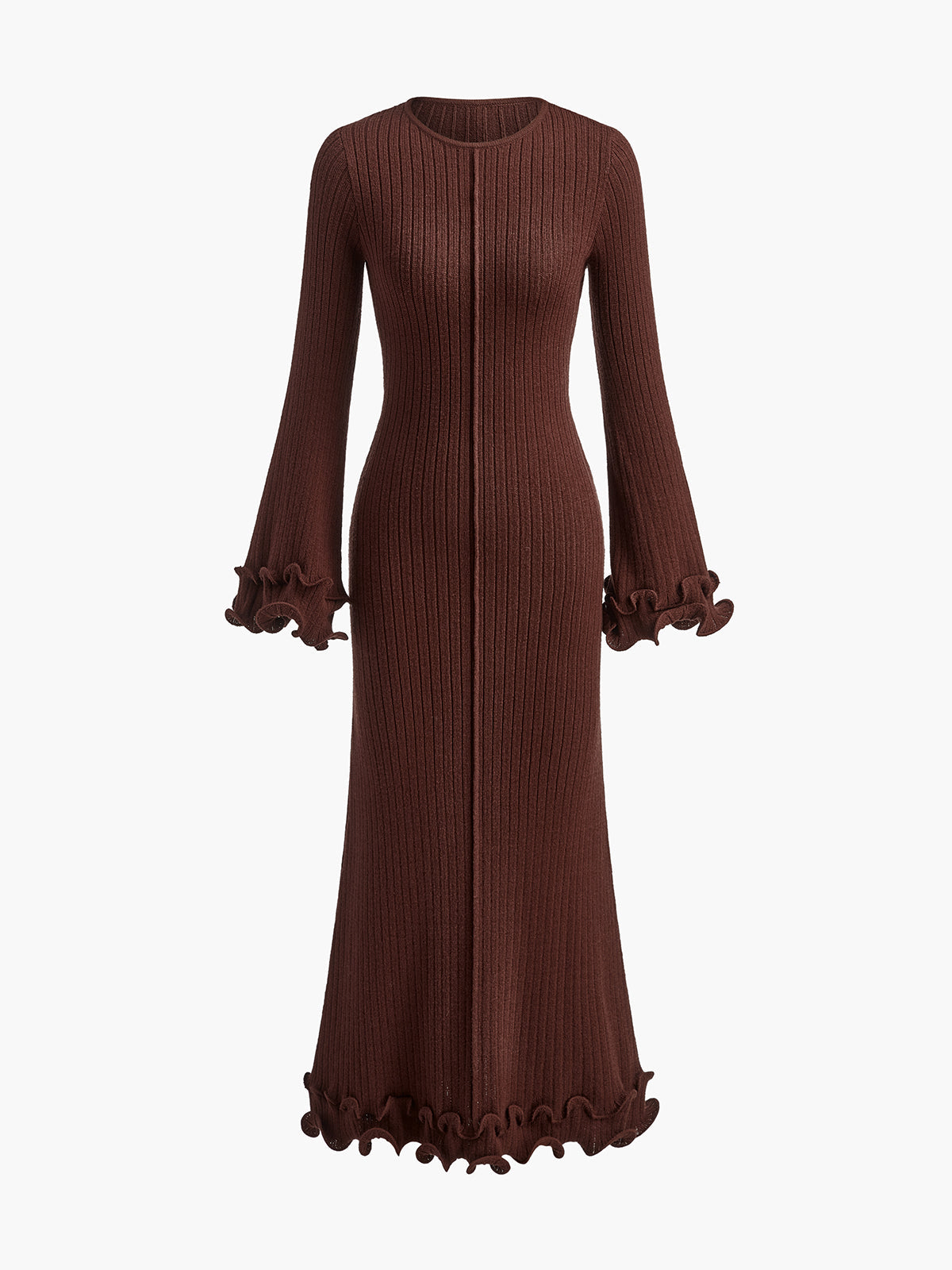 Cream ivory knit maxi dress with ruffle piping detail and drawstring waist for elegant everyday wear