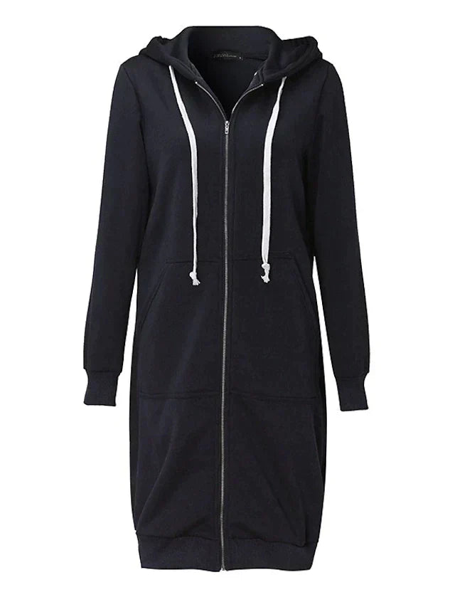 Women's knee-length zip-up hoodie in cozy chic style with elongated silhouette and front zipper closure