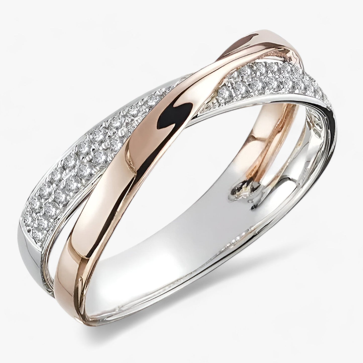 Adeline silver criss-cross double band stacking ring with polished shimmer accents for women