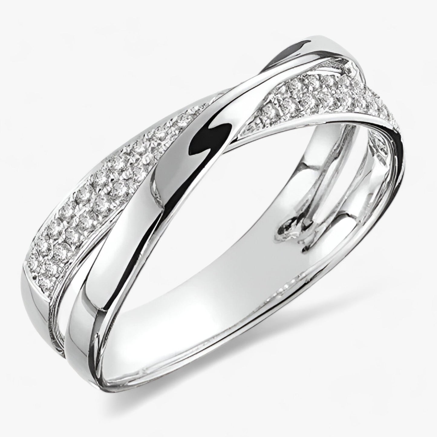 Gold criss-cross double band stacking ring with polished finish and shimmering accents for women