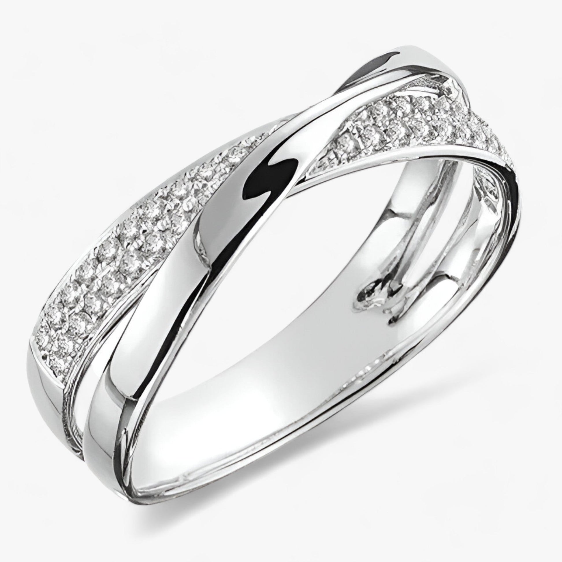 Gold criss-cross double band stacking ring with polished finish and shimmering accents for women