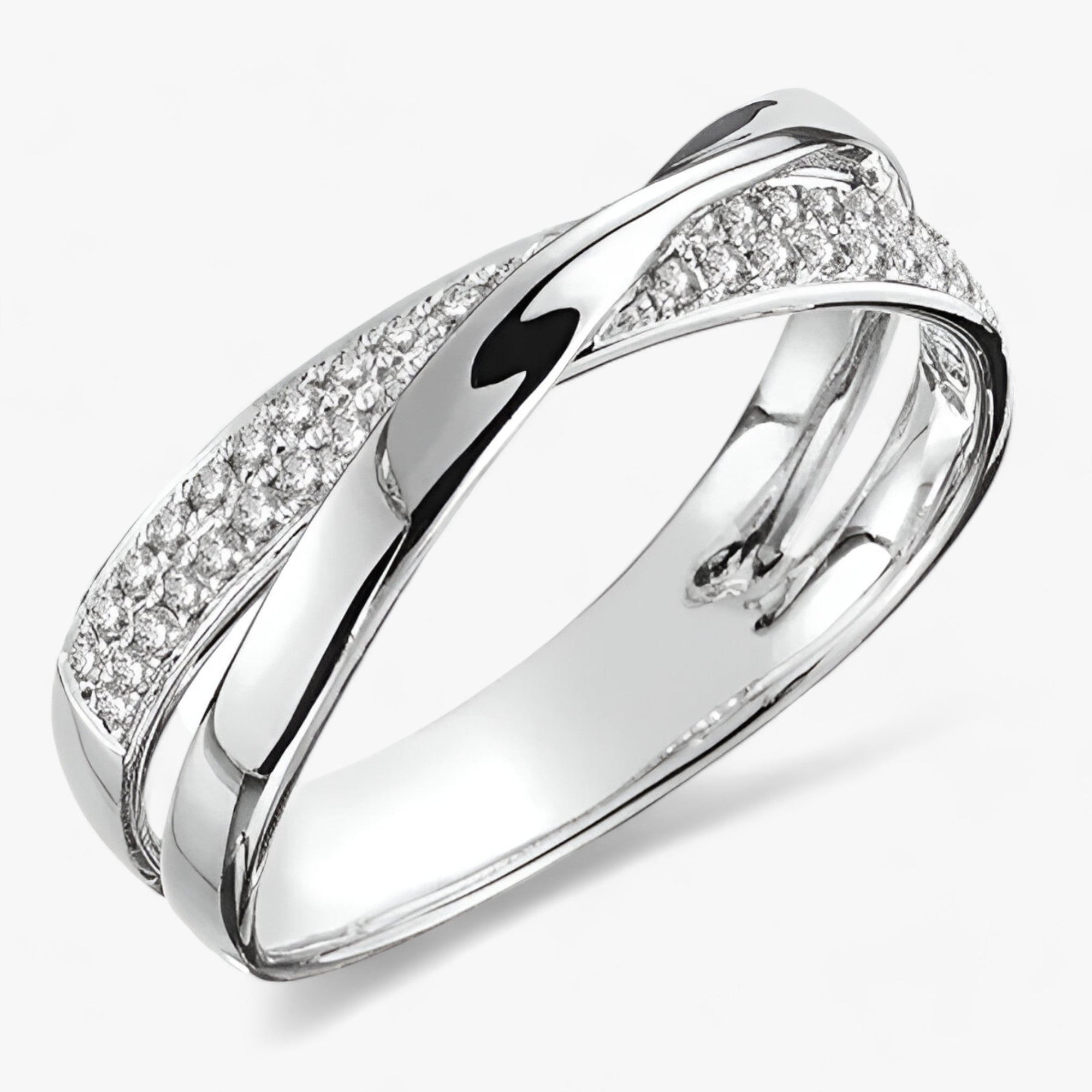 Gold criss-cross double band stacking ring with polished finish and shimmering accents for women