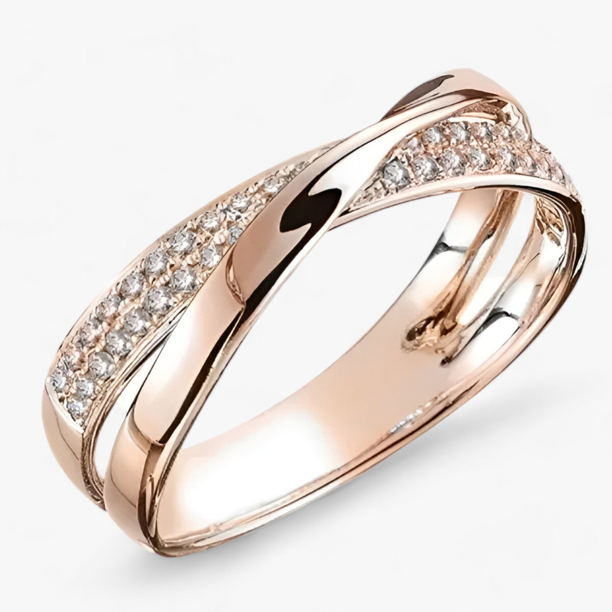 Silver criss-cross double band stacking ring with polished finish and shimmering accent details