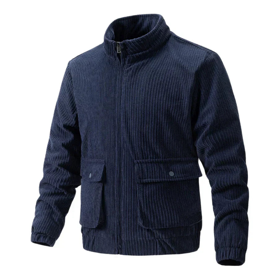 Men's brown corduroy jacket with stand-up collar and front pocket for casual everyday style