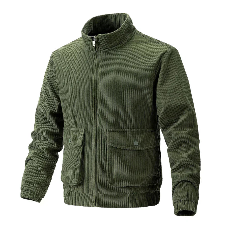 Men's brown corduroy jacket with stand-up collar and front pocket for casual versatile style