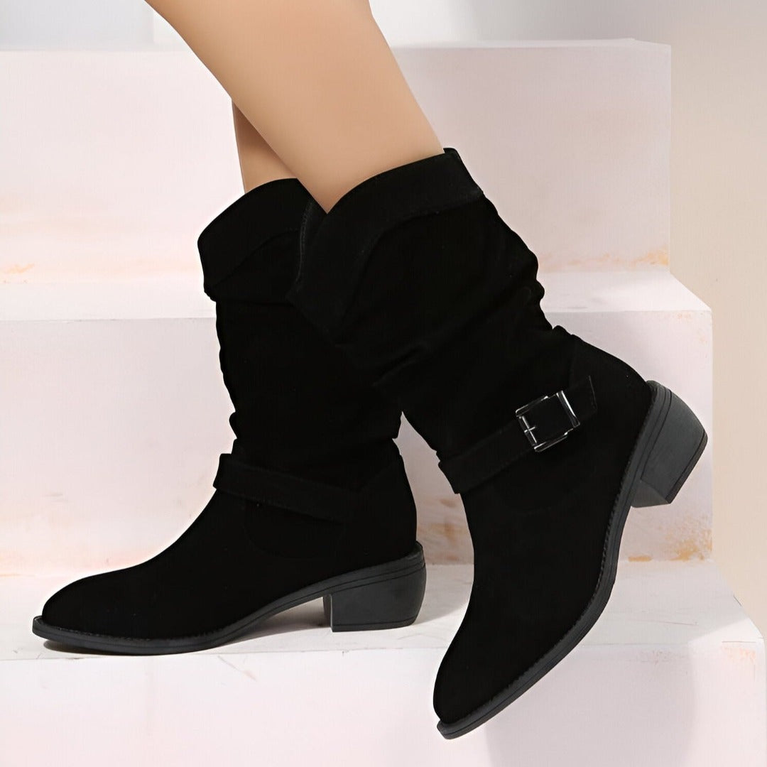 Women's suede ruched slouchy boots low heel PU leather everyday chic style versatile