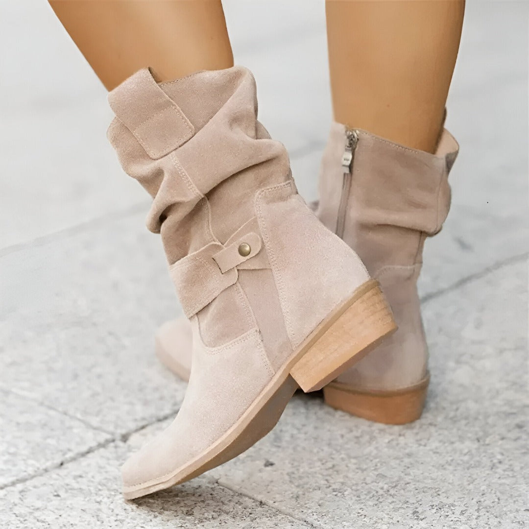 Caramel suede women's ankle boots ruched upper boho style low heel decorative snap accent