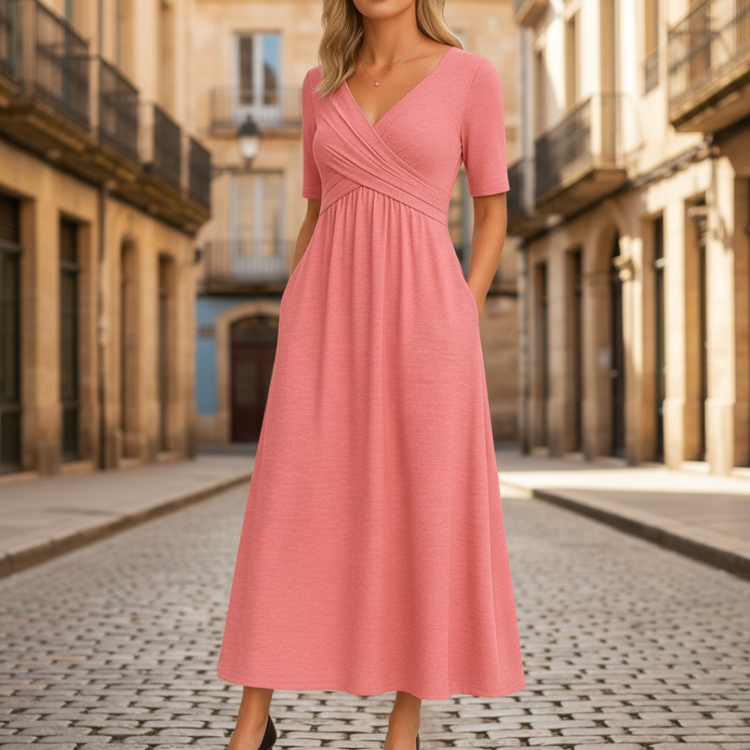 Women black pleated midi dress with crossed V-neck, flared silhouette, and convenient side pockets