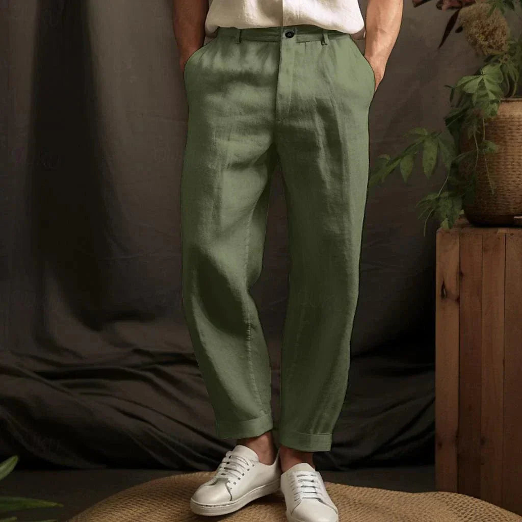 Men's beige linen summer pants relaxed fit elastic waistband breathable everyday office casual wear