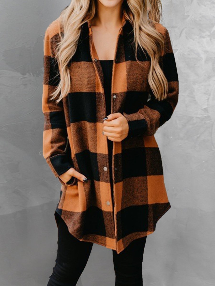 Plaid snap-down long sleeve jacket in classic multicolor pattern with relaxed fit and snap closure