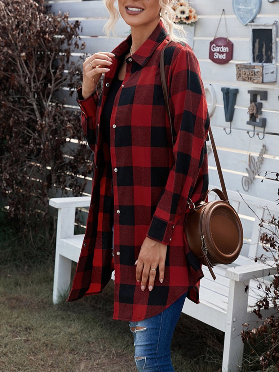 Plaid snap-down long sleeve jacket in classic multicolor check with relaxed casual silhouette