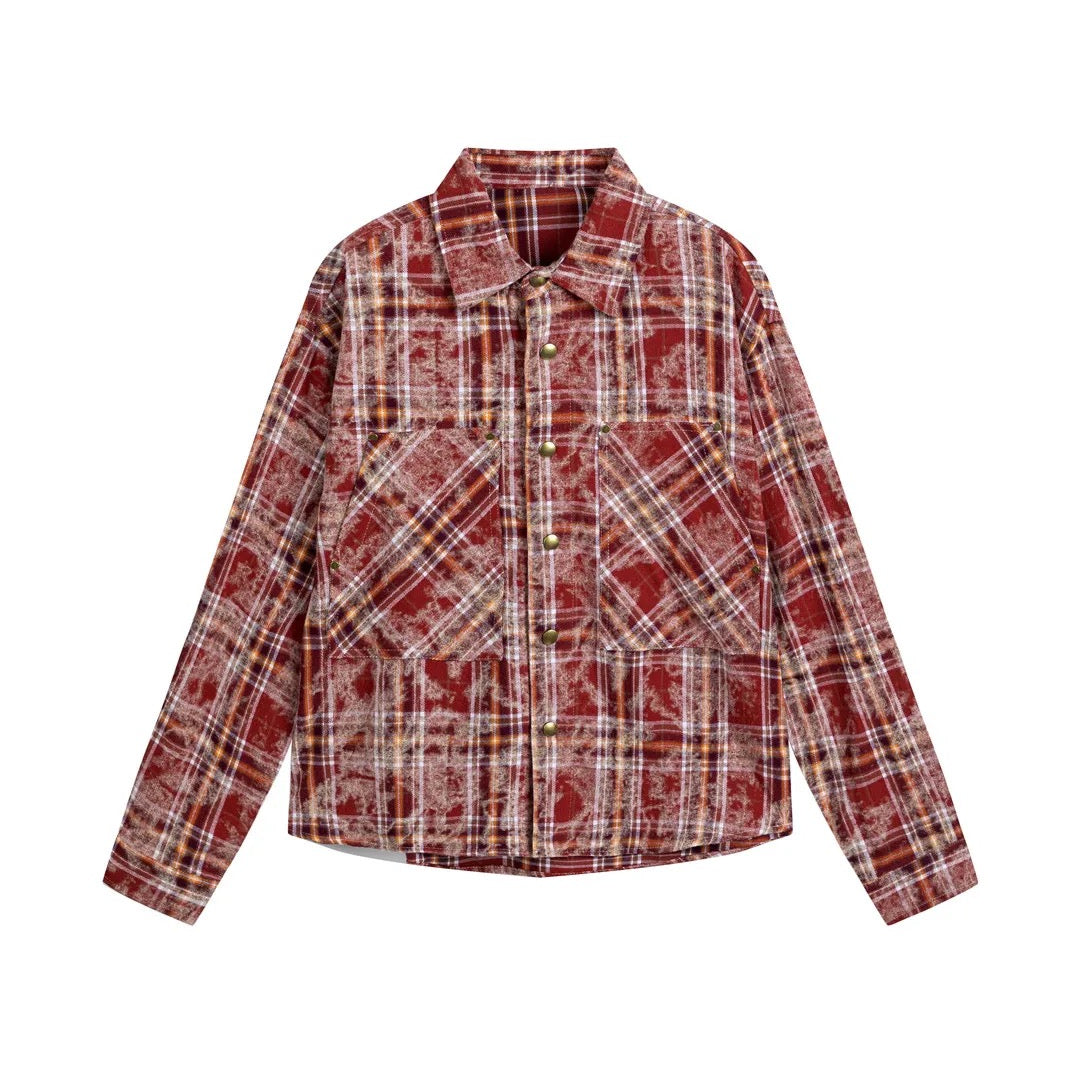 Men's plaid cotton broadcloth jacket structured fit oversized patch pockets casual spring layer