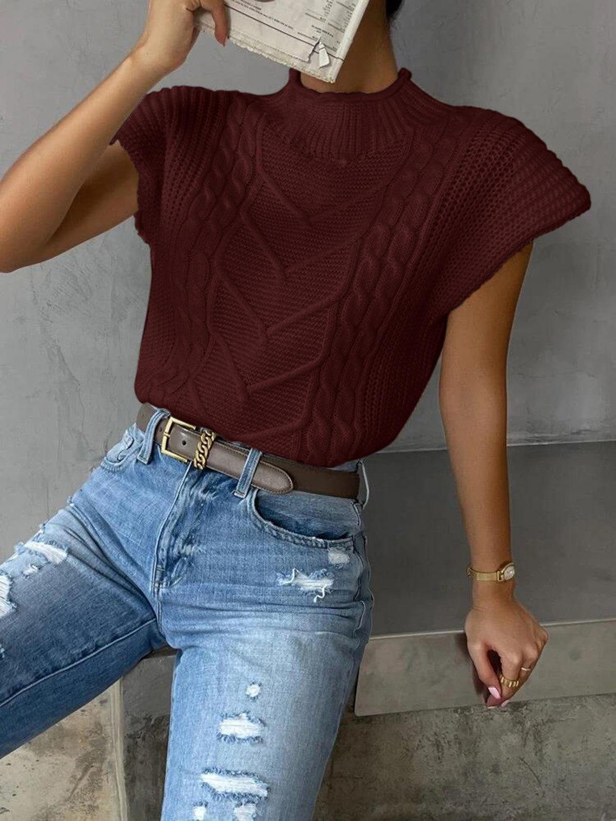 Women's soft knit sweater vest cap sleeve casual layering top in versatile plain style