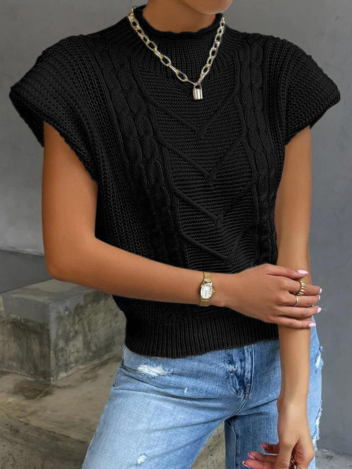 Women's neutral knit sweater vest cap sleeve relaxed fit soft acrylic layering top