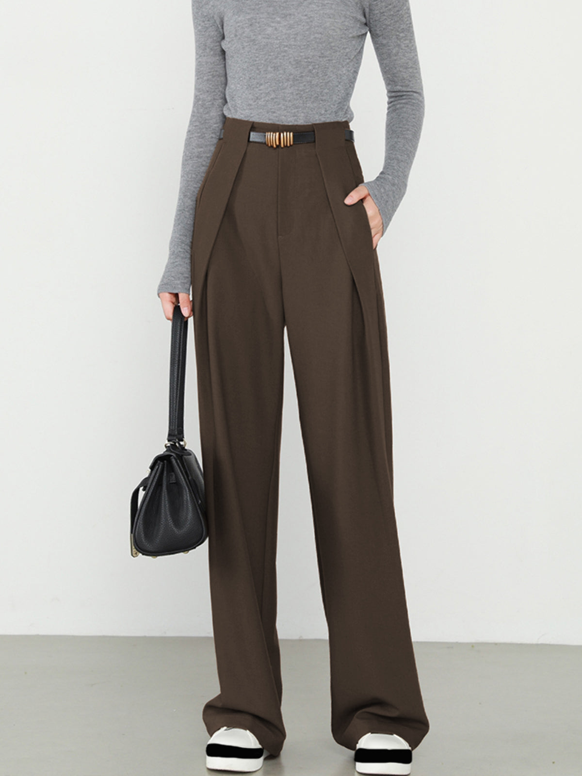 Women's high waist straight leg plain trousers with side pockets, elegant wrinkle-resistant workwear pants