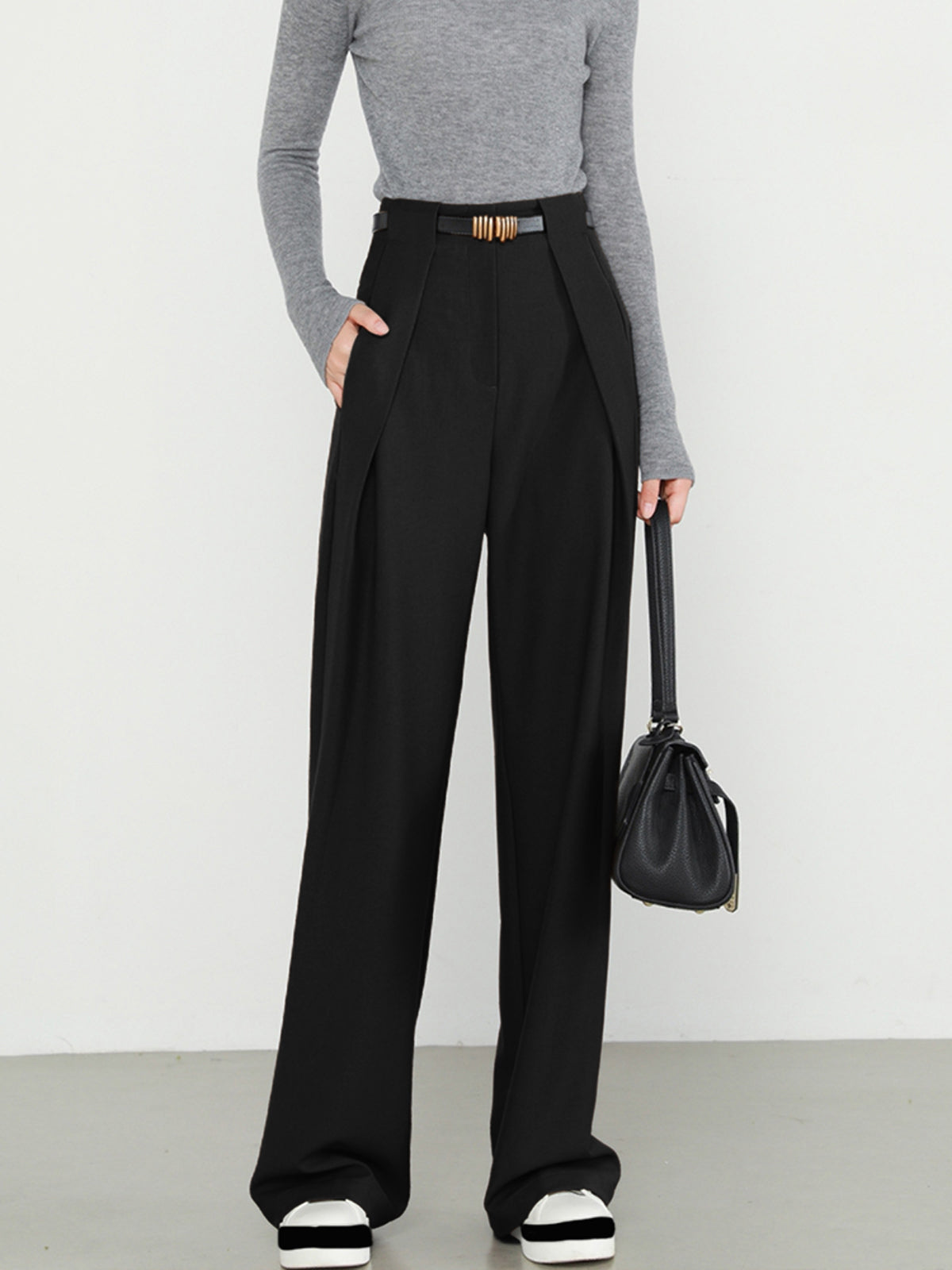 Women's high waist straight leg pants plain pockets elegant workwear wrinkle-resistant trousers