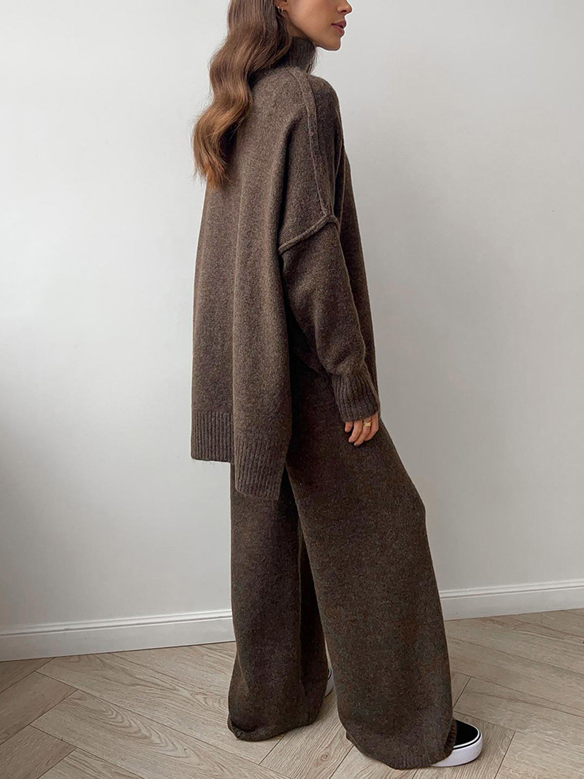 Women's turtleneck knit two-piece pants set cozy soft casual lounge wear split style