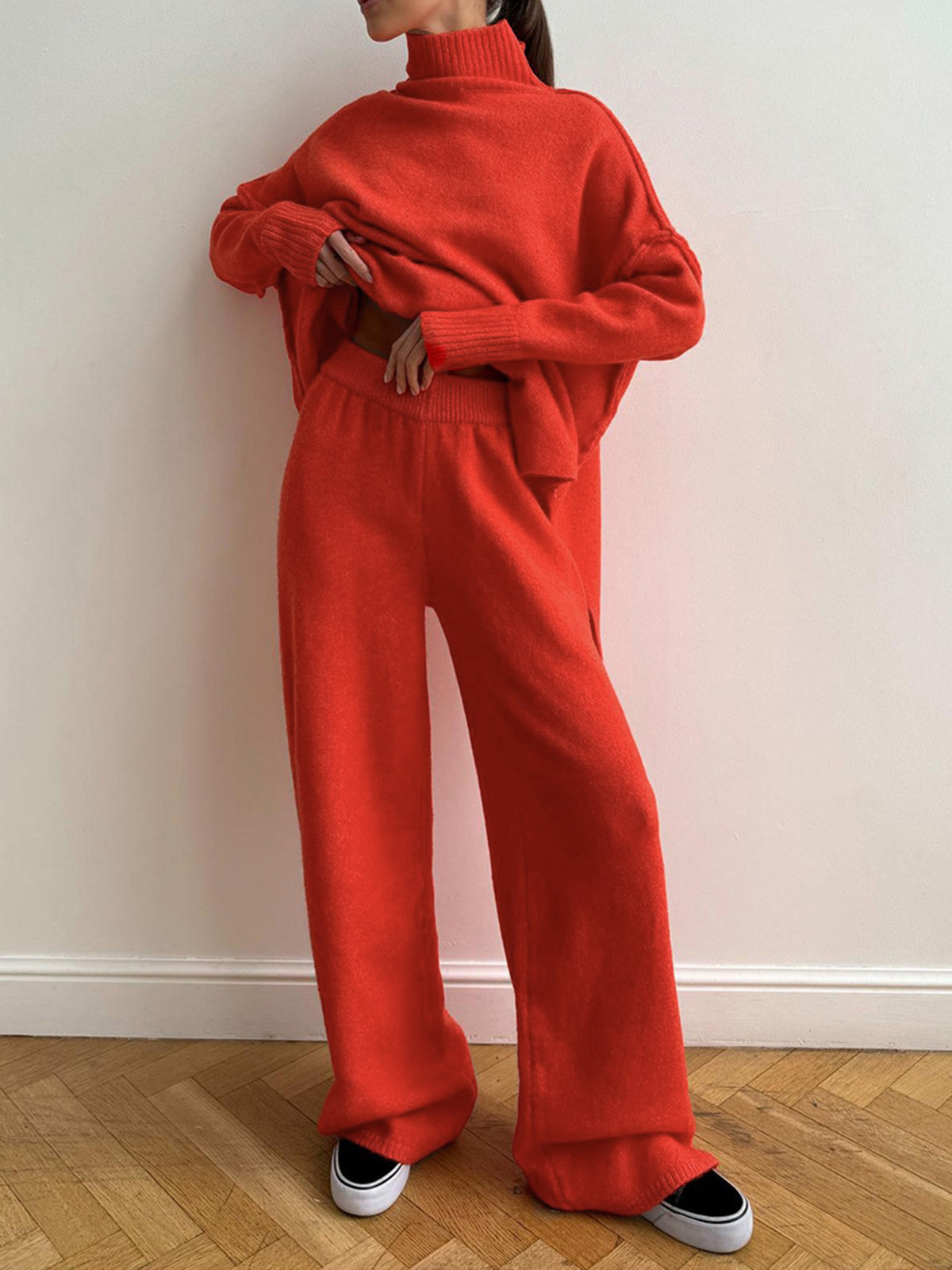Women's turtleneck knit two-piece pants set cozy soft casual lounge wear everyday comfort