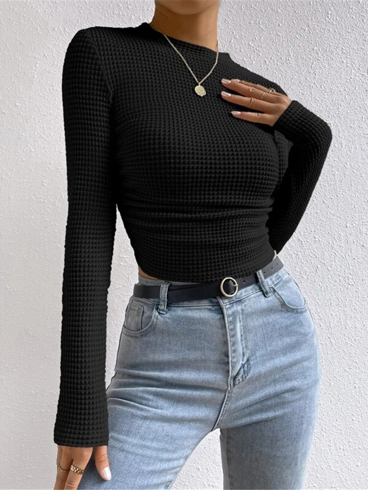 Slim fit waffle knit sweater in neutral tone, textured cozy casual unisex pullover with medium stretch