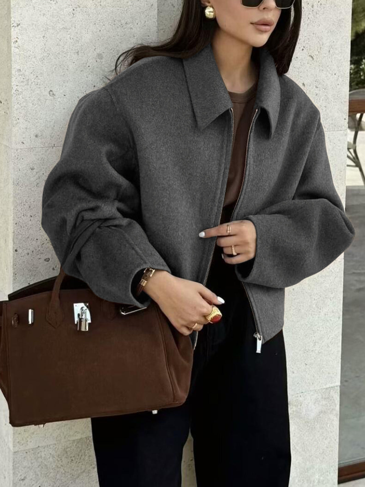 Women's gray tweed zip-up casual jacket with structured elegant cut for work and leisure