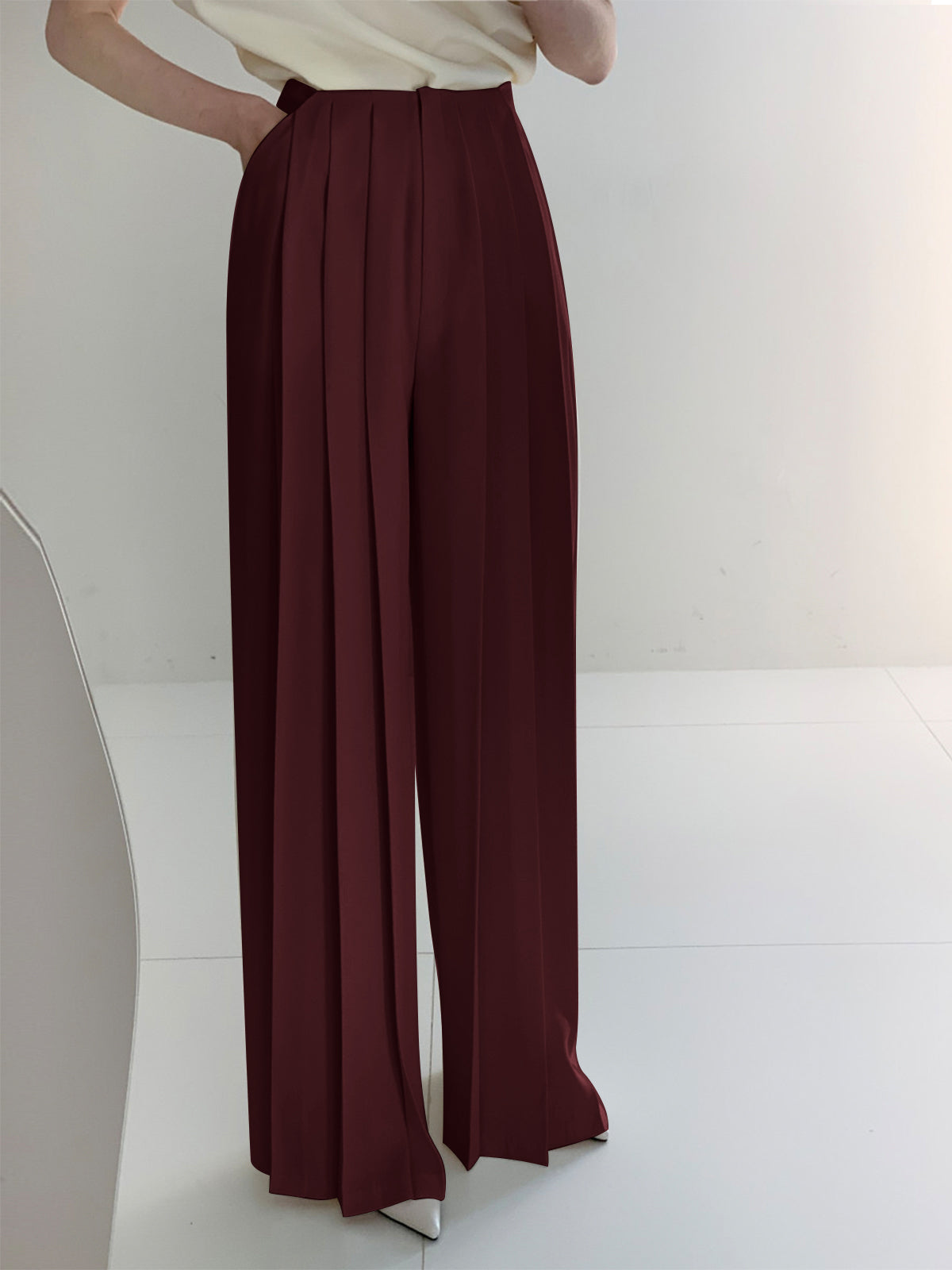 Women's ivory pleated high-waist wide-leg trousers with structured woven fabric for work or occasions