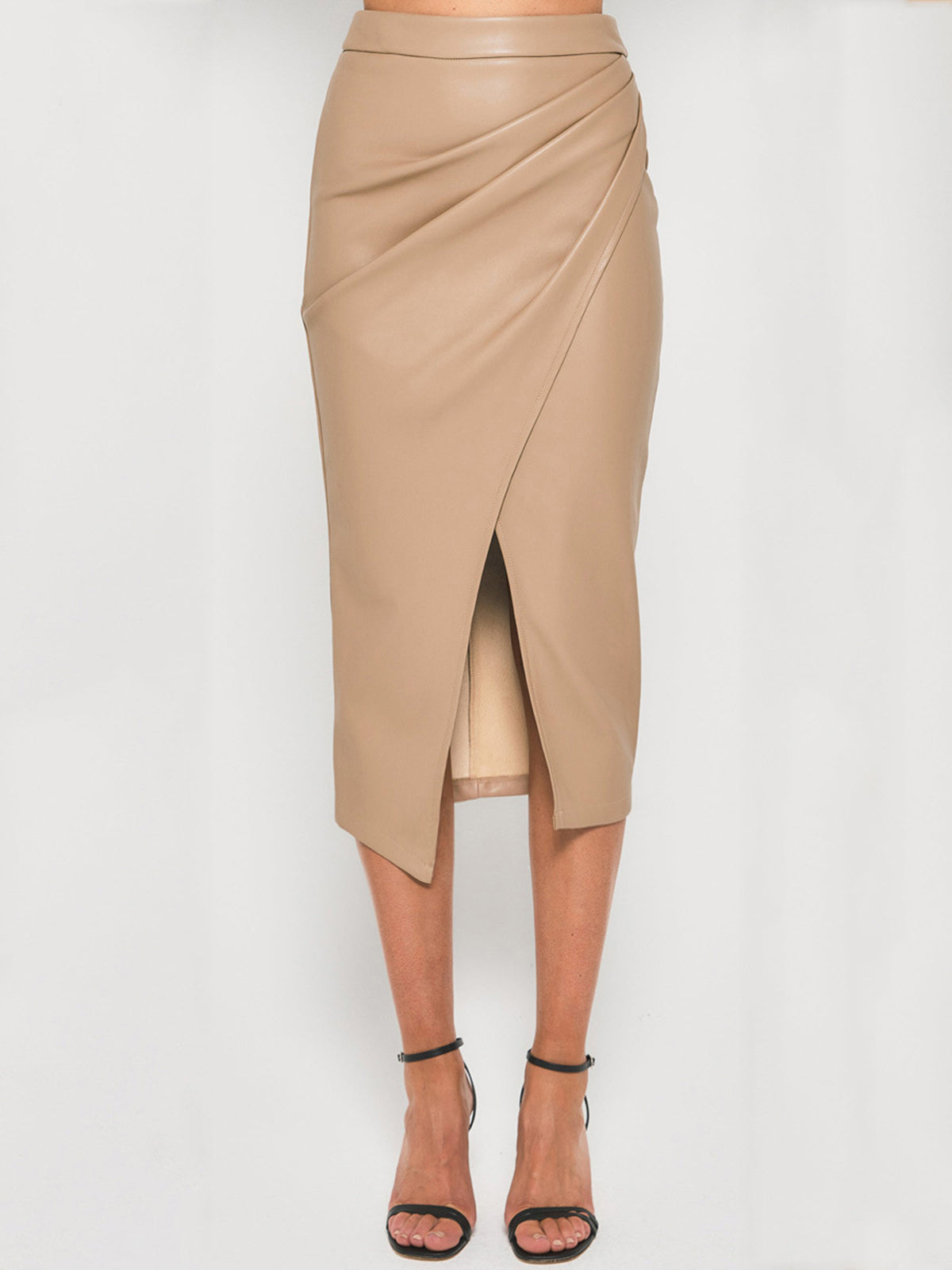 Black pleated PU leather midi skirt with front split, sleek vegan finish for office to evening