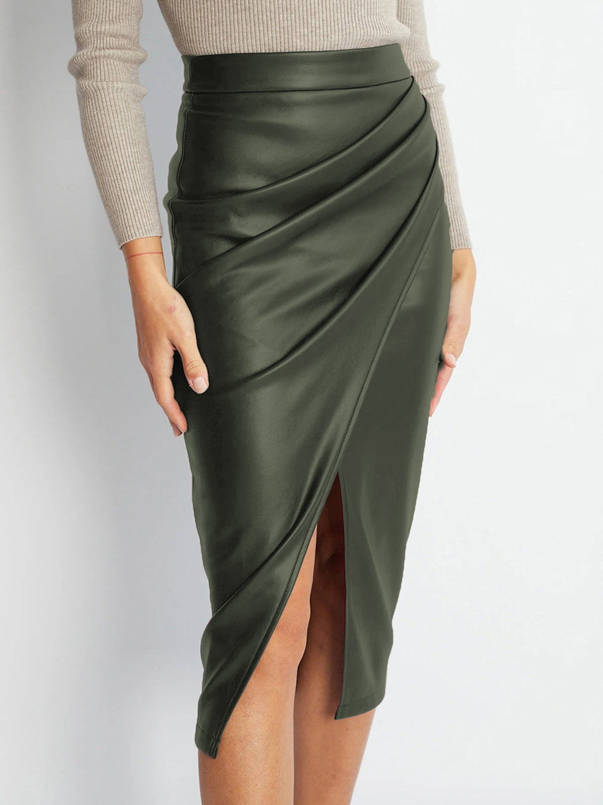 Black pleated PU leather midi skirt with front split, sleek vegan finish for office-to-evening wear