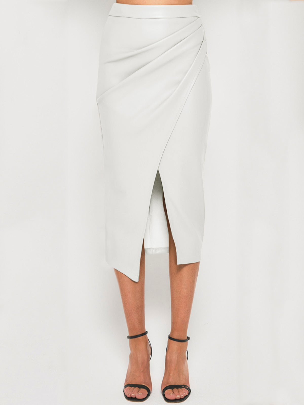 Black pleated PU leather midi skirt with front split for office-to-evening versatile styling