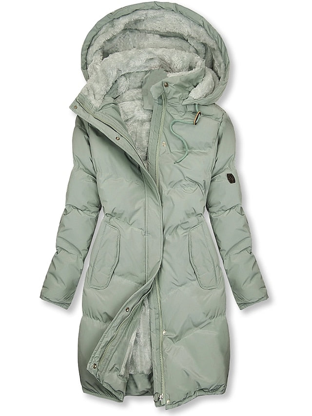 Black hooded long puffer coat with fleece lining and plush insulation for cold-weather outdoor wear