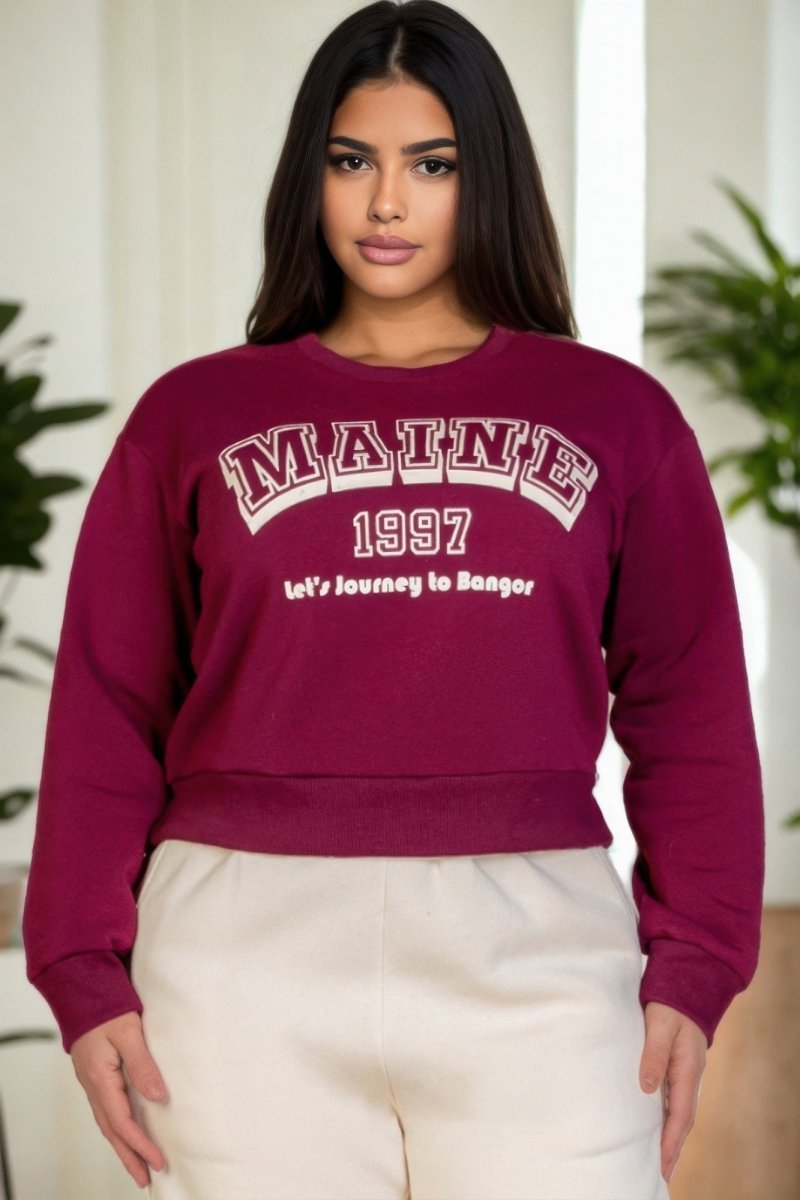 Plus size graphic drop shoulder sweatshirt oversized long sleeve relaxed fit bold print polyester