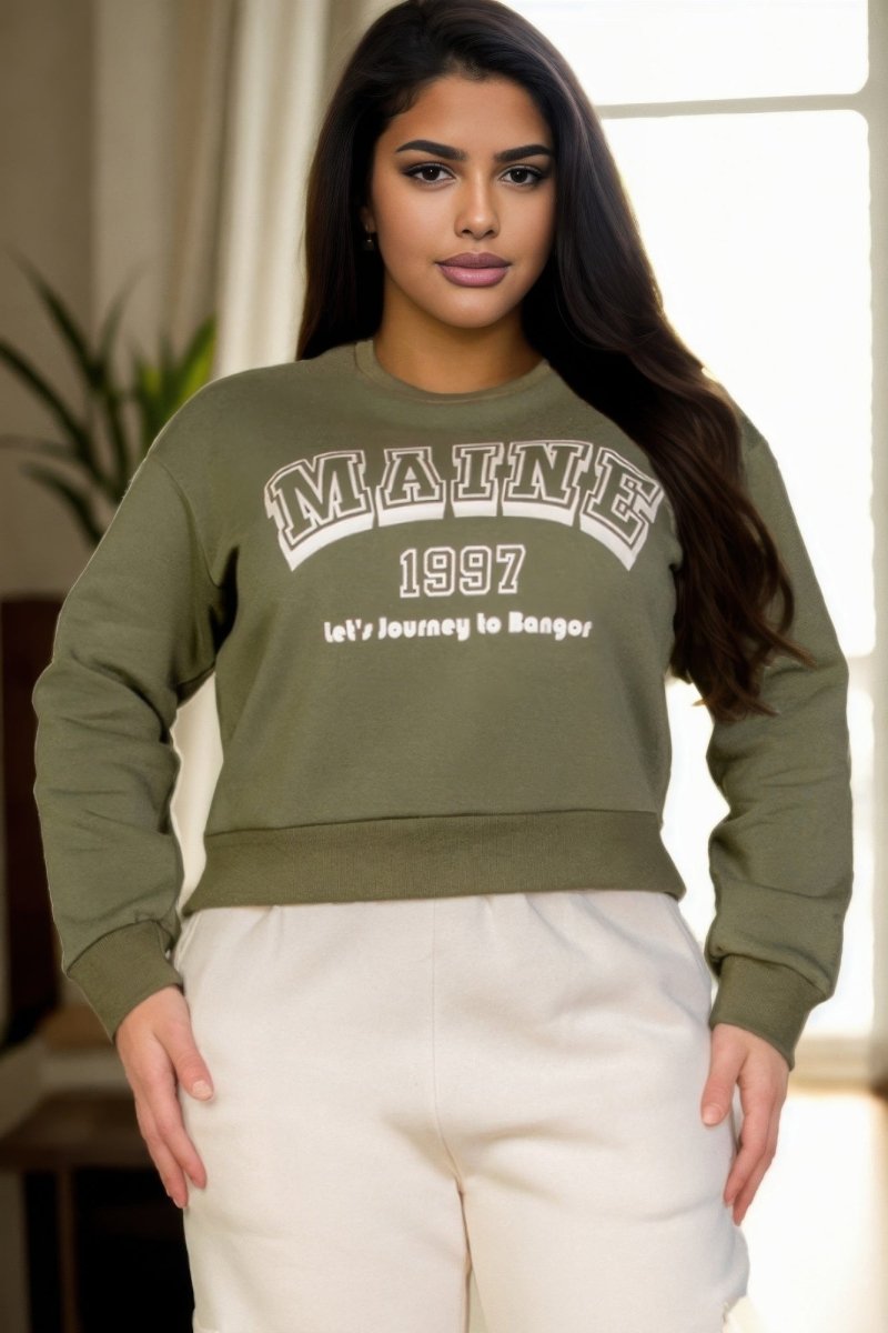 Plus size gray graphic drop shoulder sweatshirt oversized long sleeve relaxed fit bold print