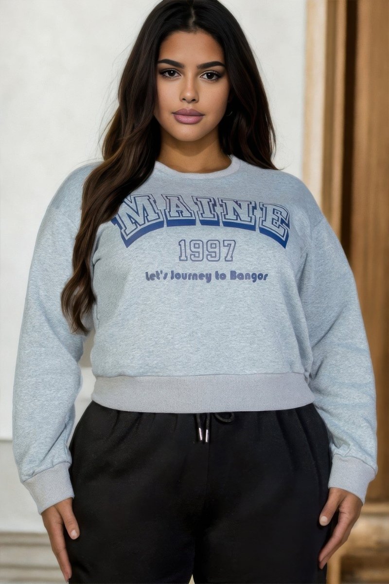 Plus size graphic drop shoulder sweatshirt oversized long sleeve relaxed fit bold print polyester
