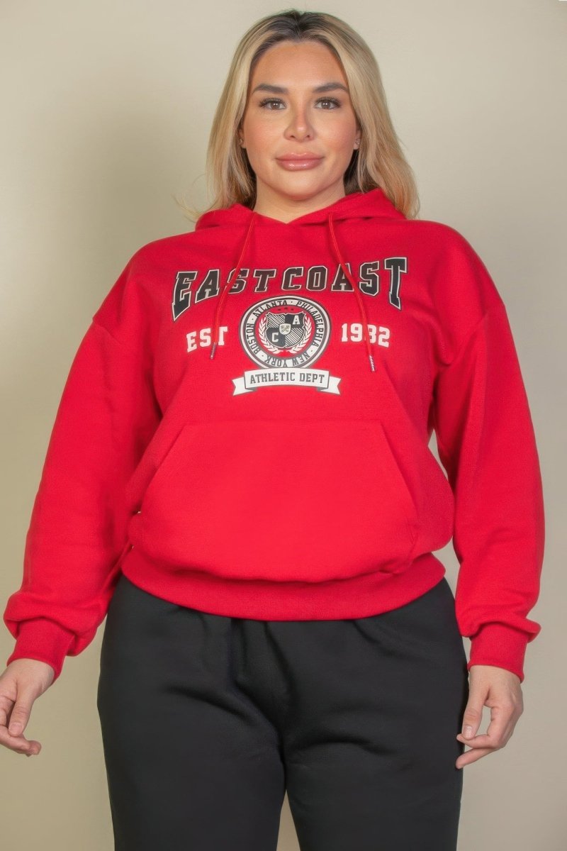 Plus size relaxed graphic hoodie with kangaroo pocket drawstring in cozy stretch fabric for curvy women