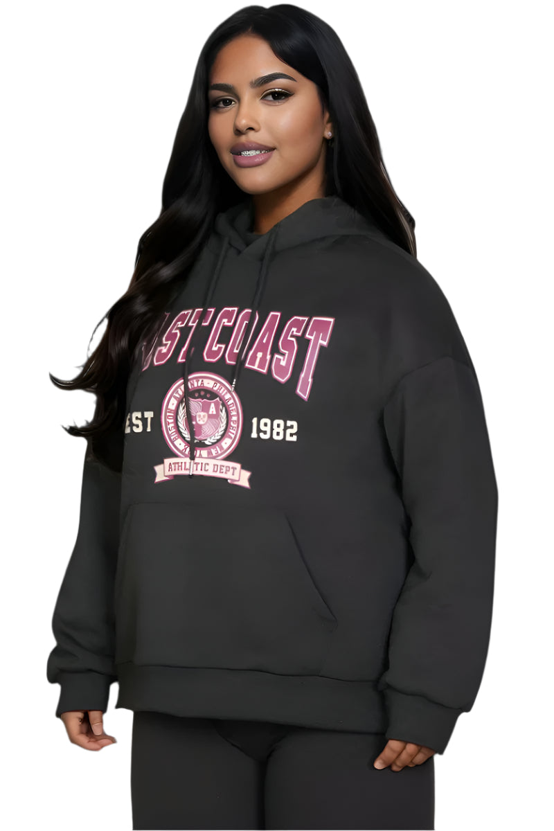 Plus size relaxed fit graphic hoodie with kangaroo pocket and drawstring for curvy women