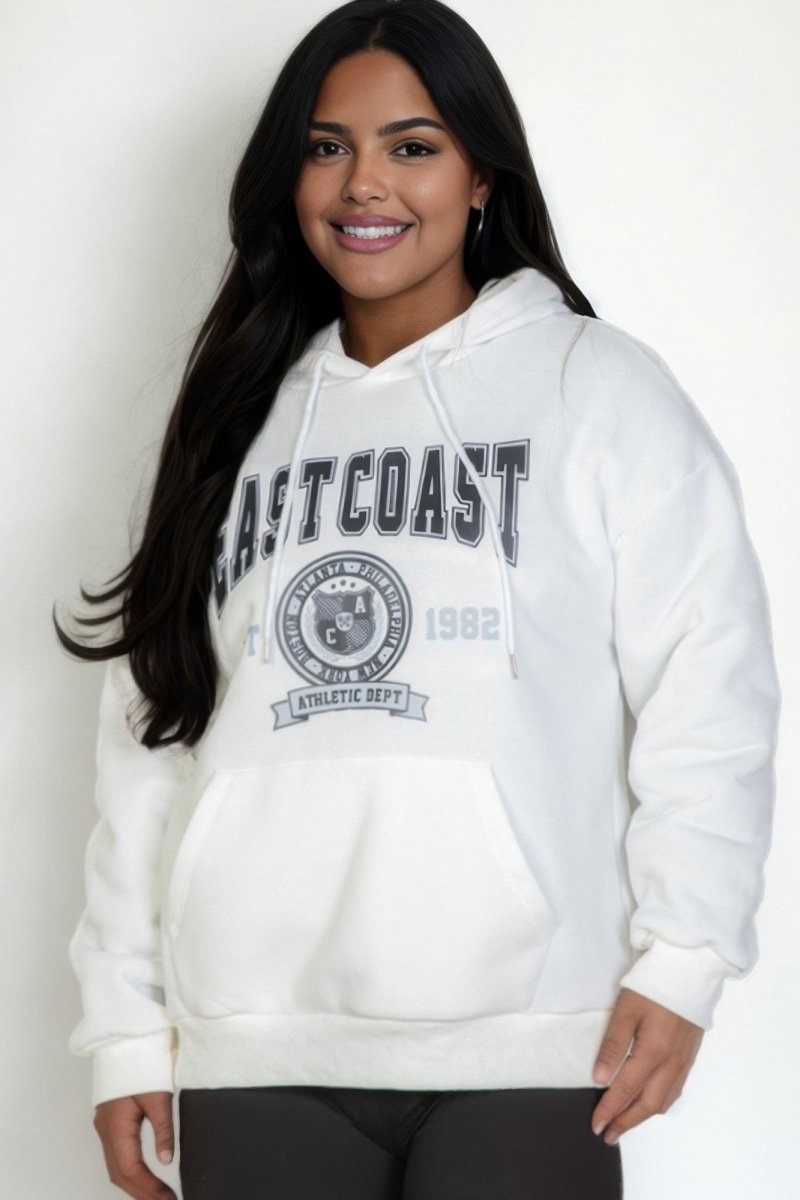 Plus size relaxed fit graphic hoodie with kangaroo pocket and drawstring for curvy women