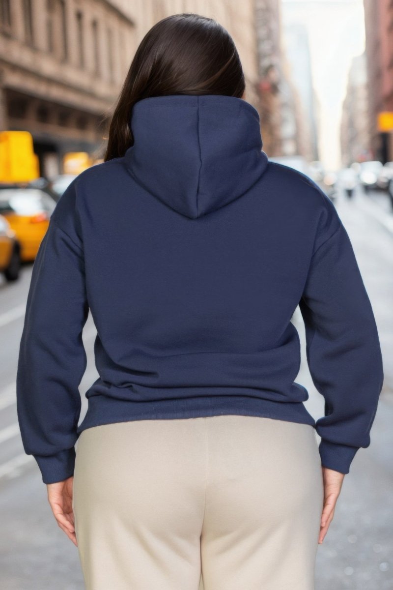 Plus size graphic hoodie with kangaroo pocket, drawstring hood, relaxed fit for curvy women