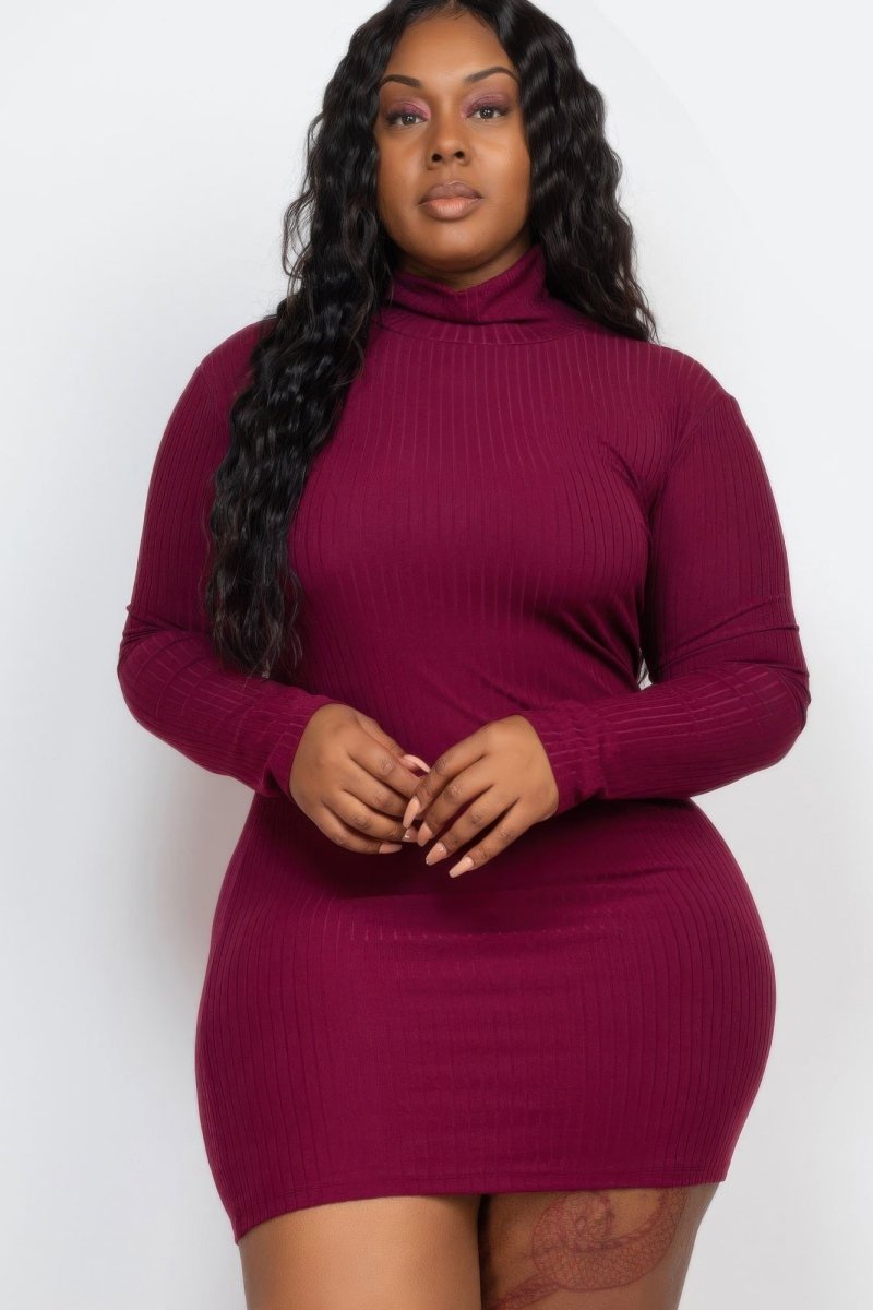 Plus size black ribbed mock neck long sleeve mini bodycon dress with stretch fit