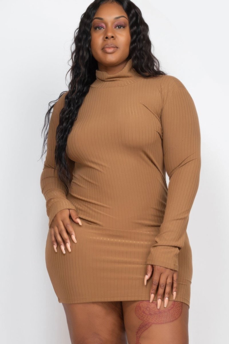 Plus size ribbed mock neck mini bodycon dress long sleeve stretch fabric curvy fit