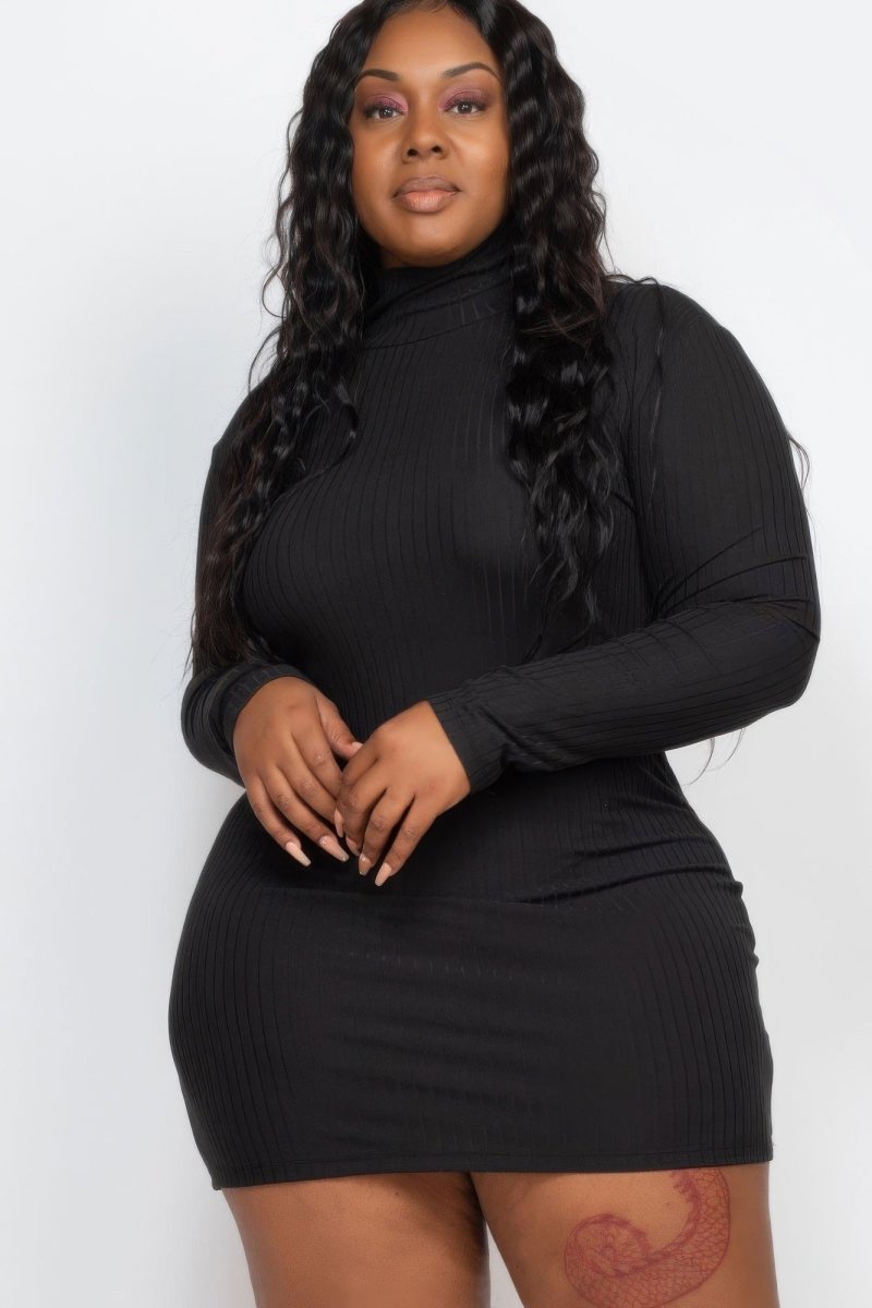 Plus size ribbed mock neck mini bodycon dress with long sleeves in stretch fabric for curvy fit