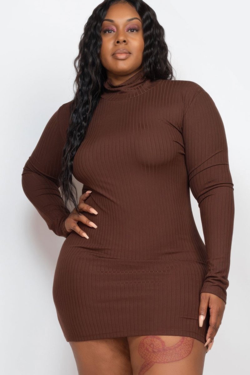 Plus size ribbed mock neck mini bodycon dress long sleeve stretch fabric sleek silhouette